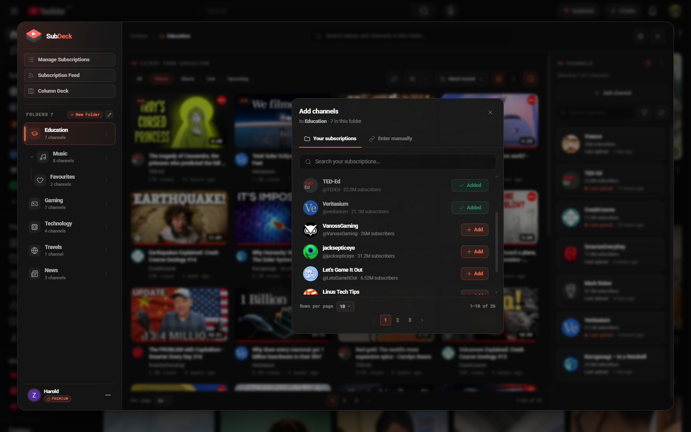 Add channels dialog listing subscriptions, some marked Added and others with an Add button.