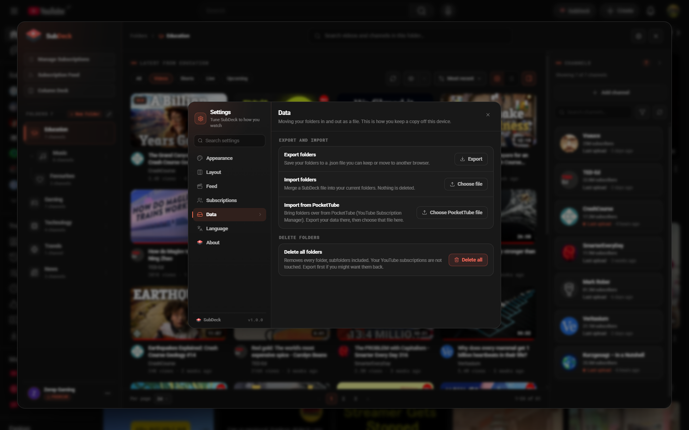 The Data pane in settings, with export folders, import folders, import from PocketTube, and delete all folders.