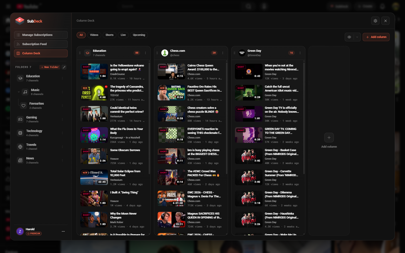 Column Deck with an Education folder column beside Chess.com and Green Day channel columns, and an empty slot to add another.