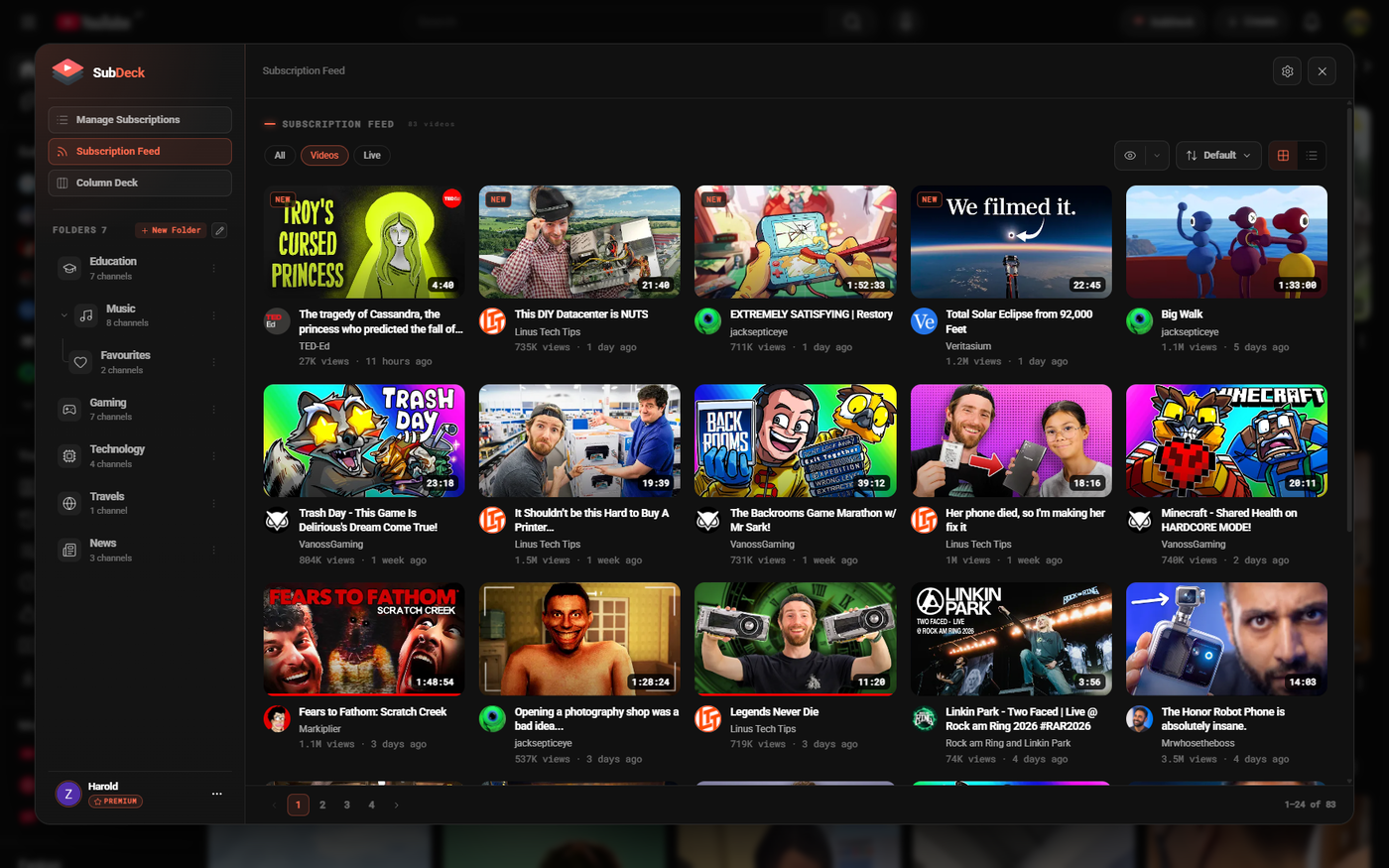 Subscription Feed listing 83 videos from every subscribed channel in a grid.