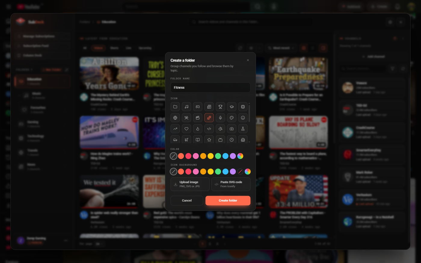 Create a folder dialog with a name field, an icon grid, color swatches for the icon and its background, and buttons to upload an image or paste SVG code.