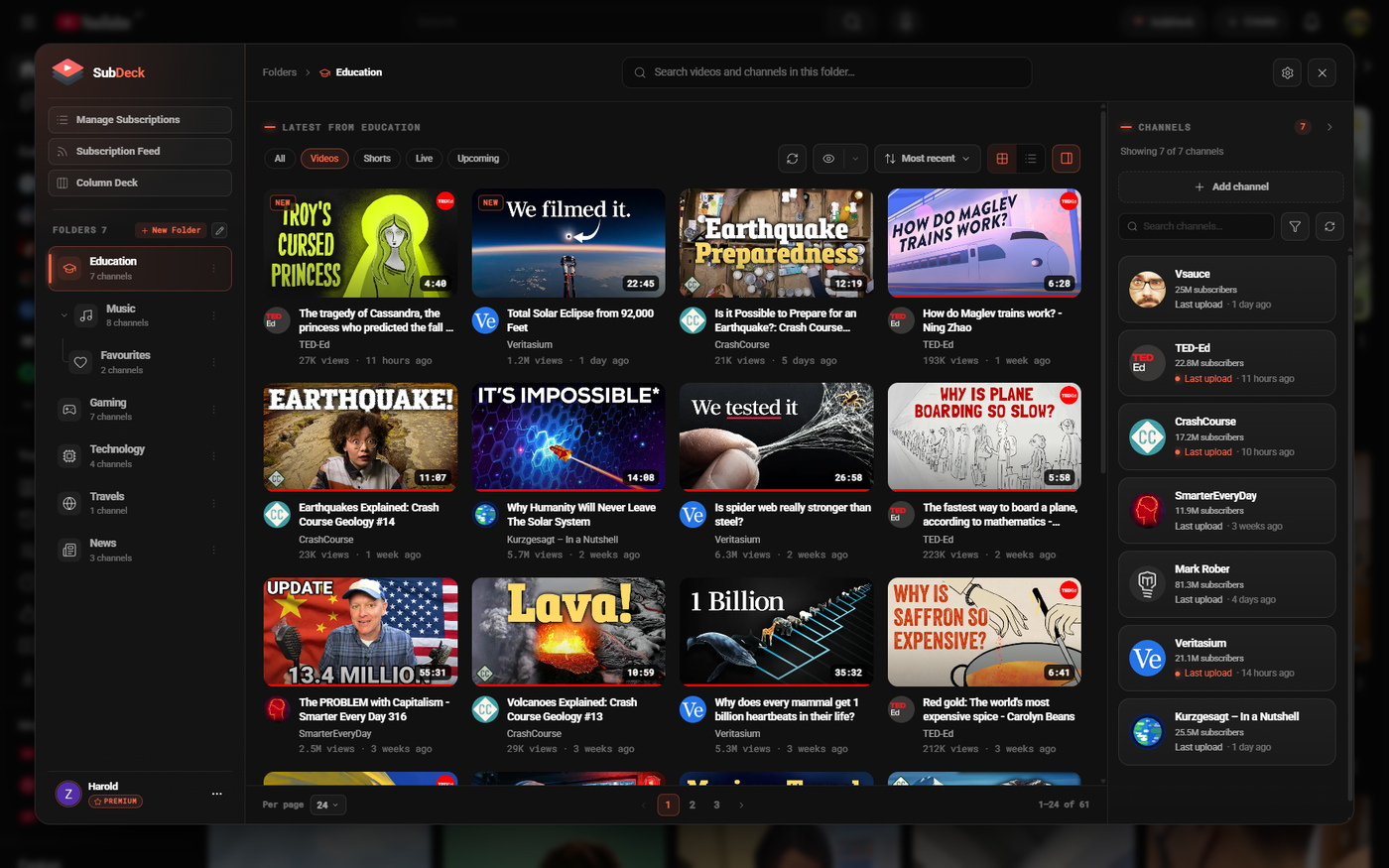 SubDeck open over YouTube on the Education folder, showing the latest videos from its seven channels with the folder list on the left and a channel rail on the right.