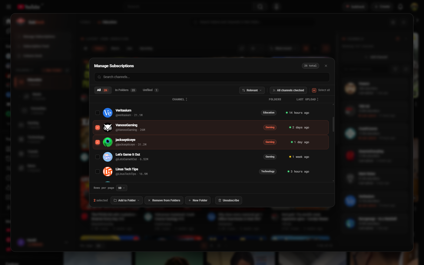 Manage Subscriptions table listing 26 channels with their folders and last upload, two rows selected.