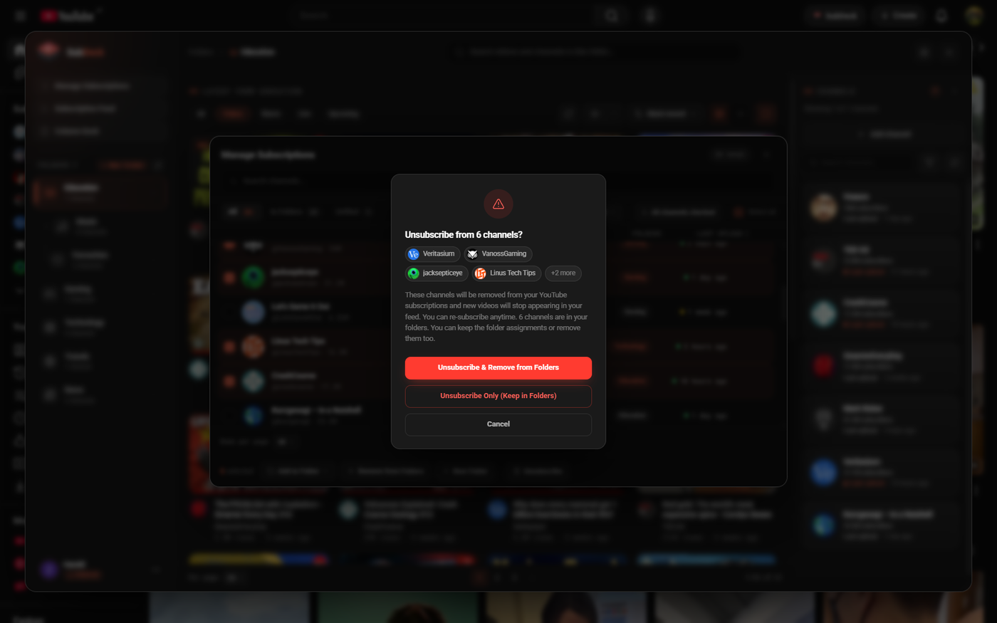 Confirmation dialog asking whether to unsubscribe from six channels and whether to keep them in their folders.